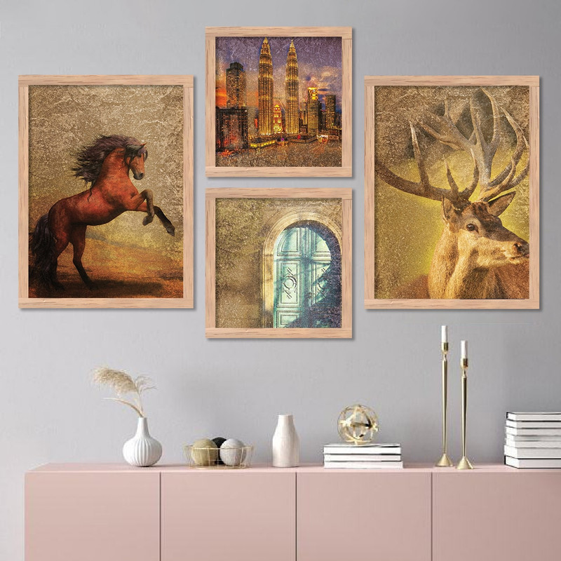 ARAkri Set of 4 modern art wall painting/posters frame for home office decoration 14 inch  Photo Frame(Multicolor)