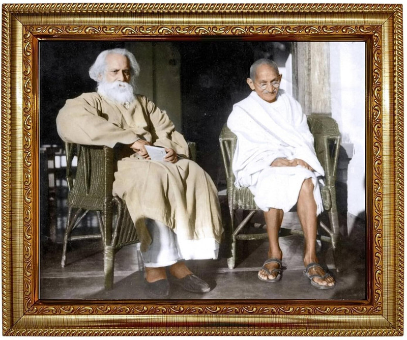 Hitech Rabindra Nath Tagore With Gandhi ji(Bapu) Laminated Photo Frame 9 inch religious(Golden)