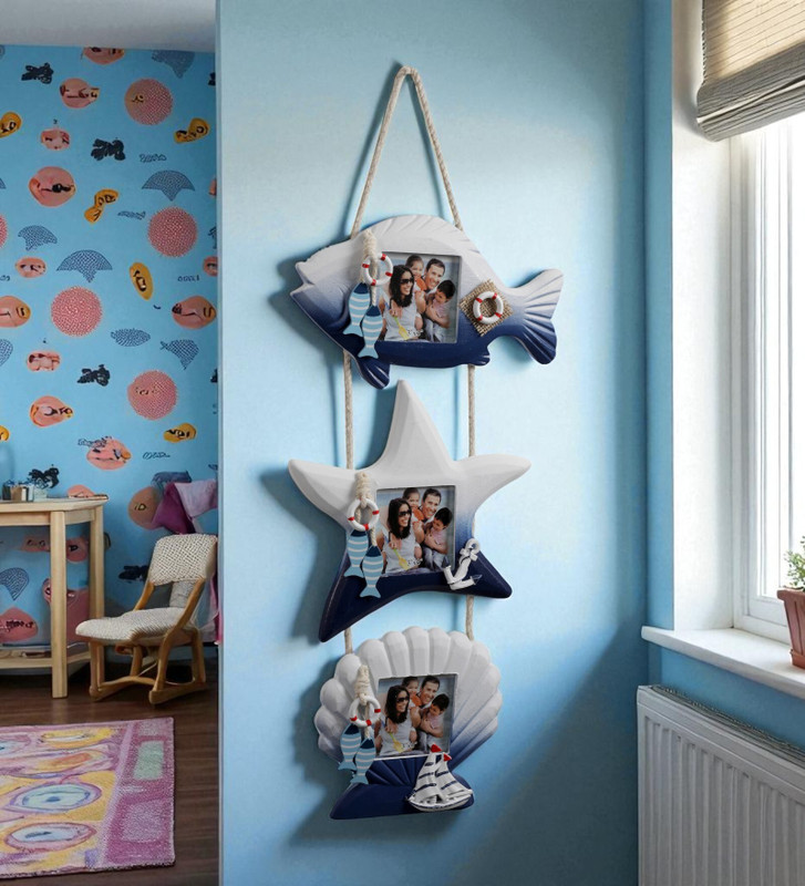 AARVIDECOR Nautical Theme Hanging Photo Frame – Set of 3 (Fish, Star, Shell) 6 inch Rustic(Blue)