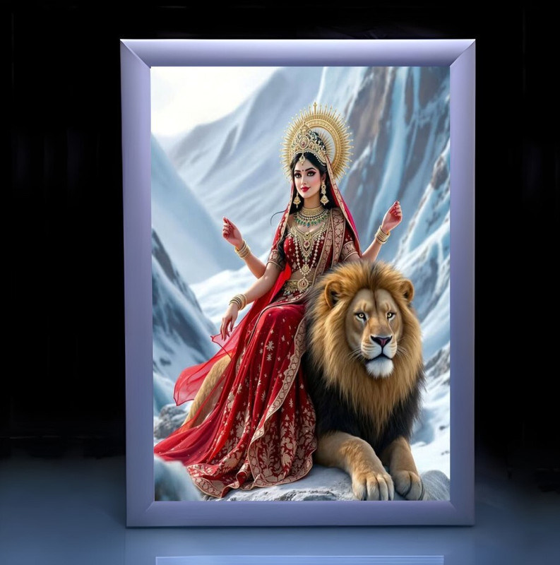 wall mitra Maa Sherawali LED Photo Frame for Pooja Room Home Temple Decorative Item 18 inch Wall Decor(Silver)