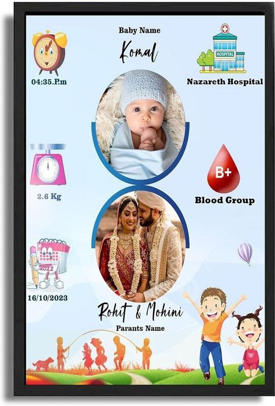 Abhi Online Shop Wooden Personalized Baby Birth Photo Frame Custom Rectangular Memory Frame 12 inch with Baby Details Multicolour Wall Mount Birthday Gift for Newborns & Parents(Blue)