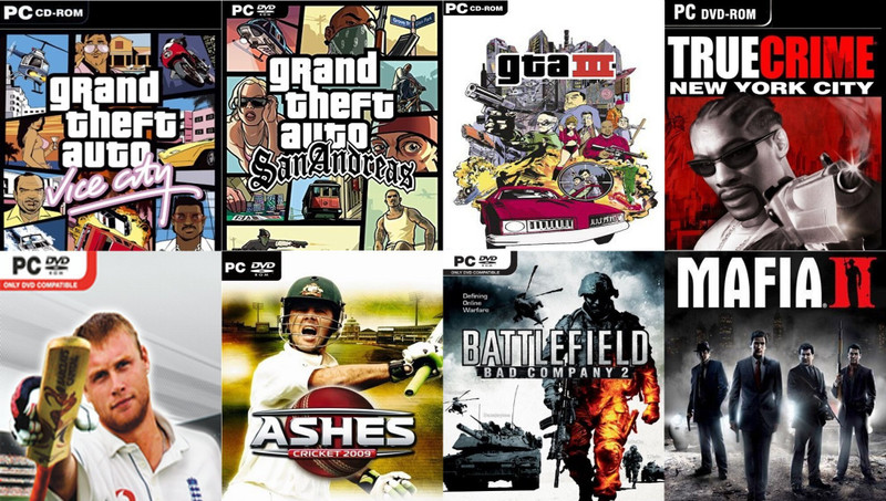 Vice City, SanAndreas, Gta 3, True Crime, Cricket 07, Ashes Cricket 09, Battlefield BD 2, Mafia 2 Total 8 Game Combo (Offline Only) (Regular)(Action Adventure, for PC)
