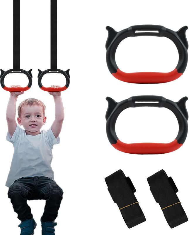 SERPLEX Kids Gymnastic Rings Pair Adjustable Straps for Home Exercise Max 360Lbs Load Pilates Ring(Red)