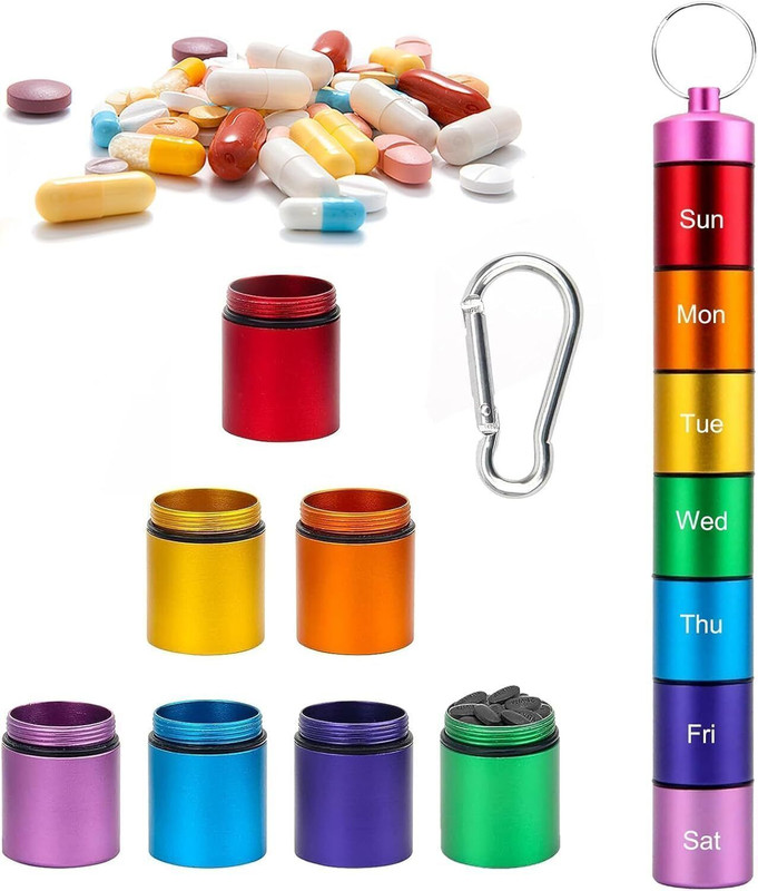 Tsuwezi Pill Box for 7-Days, Pill Organiser, Medication Organizer, Waterproof Aluminum Alloy Medicine Organizer Box Tablets Container Case Keychain Pill Box(Multicolor)