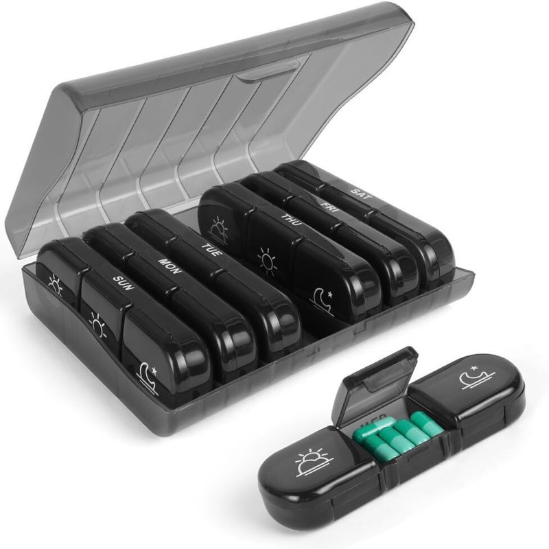 PAGALY 7 Day weekly pill organizer 3 times a day, portable travel pill box 7 day Pill Box(Black)
