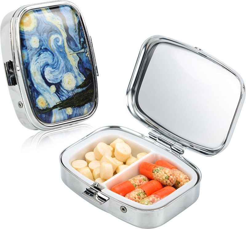 HANNEA NA Compact Metal Pill Box with Two Compartments for Travel and Daily Use Pill Box(Van Gogh Starry Night)