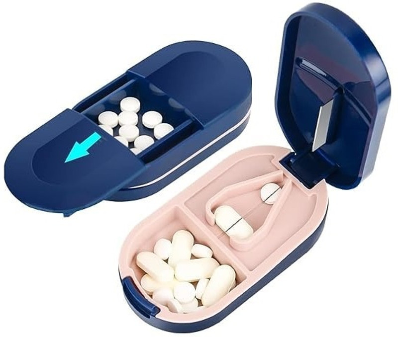 NIRMATSARAY Pill Cutter Portable Pill Splitter 2-in-1 Pill Case with Stainless Steel Blade Medicine Organizer Box Pill Cutter for Tablet For AnySize Pill Cutter for Travel Pill Box(Blue)