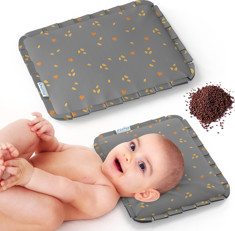 Cherilo Mustard Seeds Baby Pillow Pack of 1 Floral Mustard Pillow for Baby, Newborn Flat Head Prevention, Natural Rai Seed Filling,(Grey Leaf)