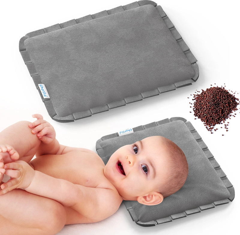 Cherilo Mustard Seeds Baby Pillow Pack of 1 Solid Mustard Pillow for Baby, Newborn Flat Head Prevention, Natural Rai Seed Filling,(Grey Velvet)