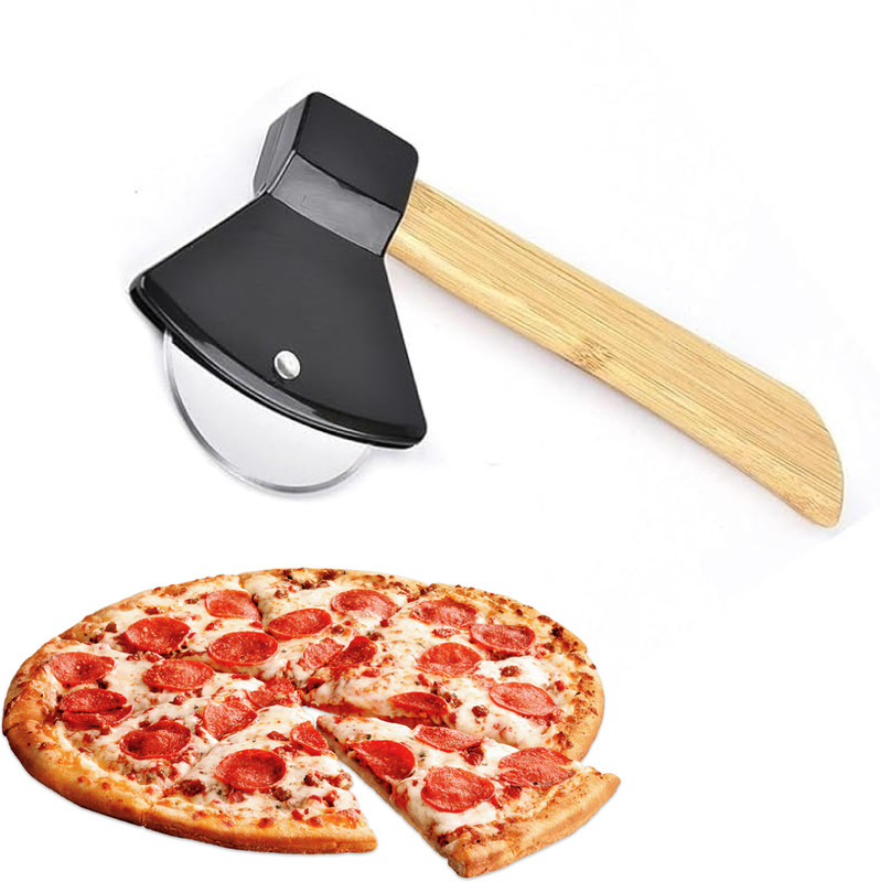 Bakeazy Axe Shaped Rolling Sandwich Chapati Roti Pizza Cutter Non Slip Bamboo Handle Wheel Pizza Cutter(Stainless Steel)