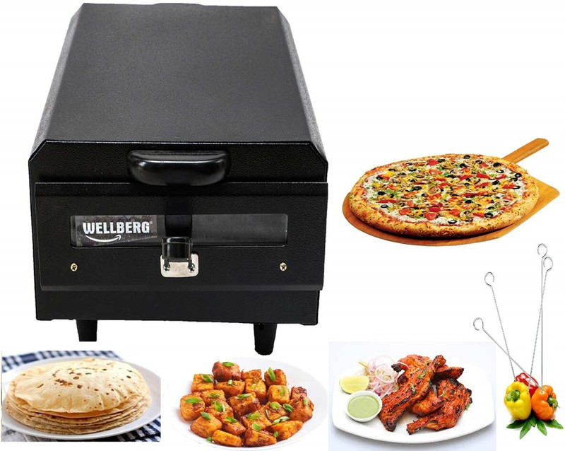 WELLBERG Heavy Weight Electric Tandoor with Pizza Cutter,Recipe Book,Nonstick Sheet,Grill,4 Skewers,Glove(Size Mini) Electric Tandoor Pizza Maker(Black)