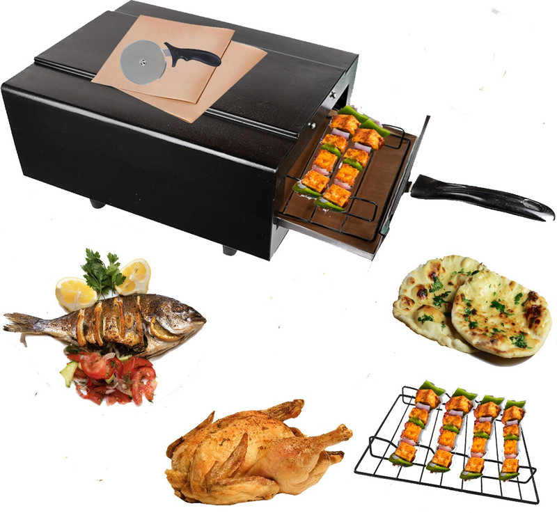 WELLBERG Light Weight Mini Electric Tandoor with Pizza Cutter Glove Grill skewers Wooden (Black) Pizza Maker(Black)