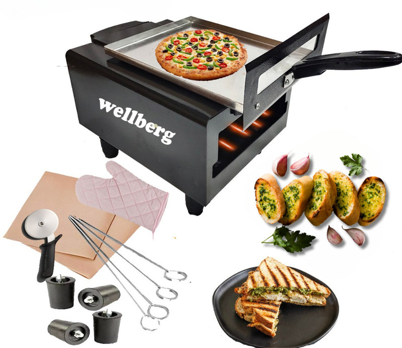 WELLBERG Combo Electric Tandoor Grill Special with Kitchen Ware Accessories Electric Tandoor with Pizza Cutter, Magic Cloth, Aluminium Tray, Shock Proof Rubber Legs, Recipe Book, Skewers And tong (Black) Pizza Maker(Black)