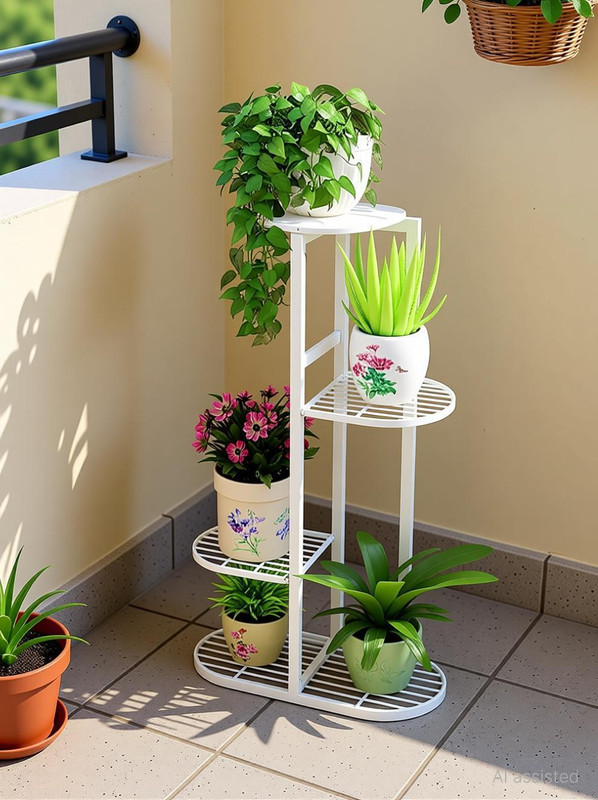 UV International Plant Stand Flower Holder - Metal 4 Tie 5 Pot Multiple Planter Shelf Display Rack Storge Organizer for Balcony Garden Indoor Outdoor Corner (White) Plant Container Set(Metal)
