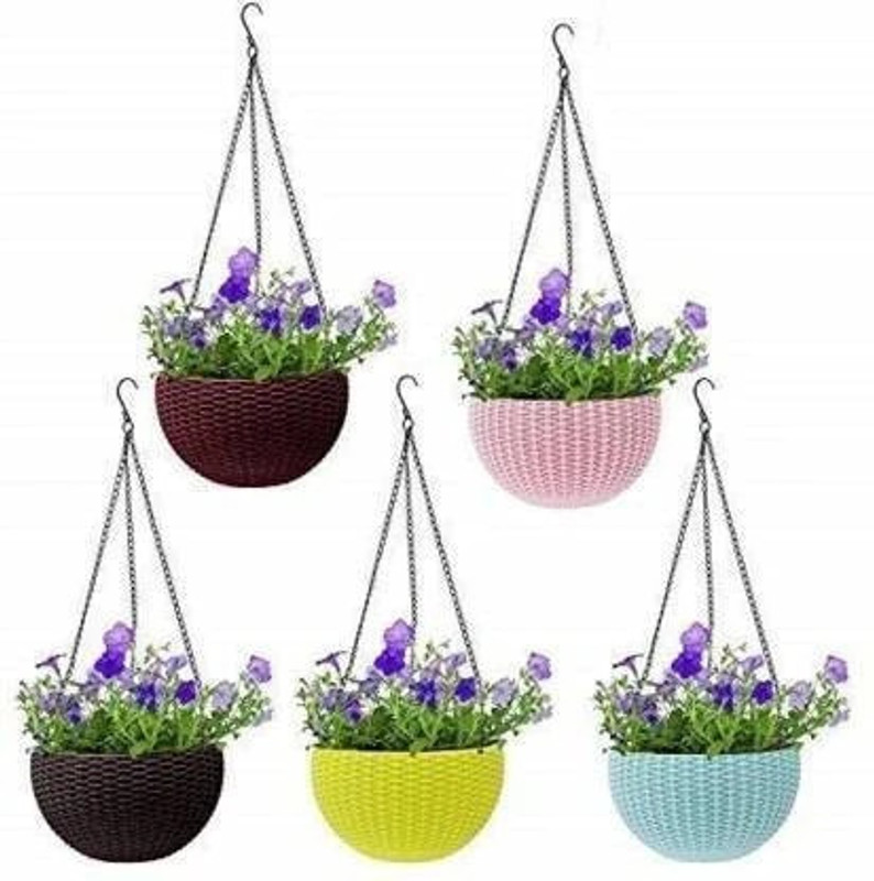 Cookcrew Hanging Flower Pots with Chains | Plastic Planters for Indoor & Outdoor Use Plant Container Set(Pack of 5, Plastic)
