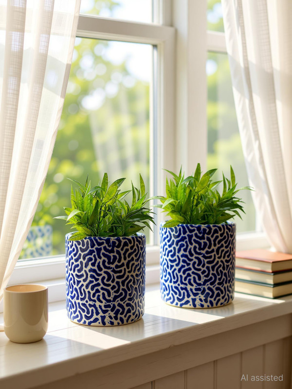 Gupta Homes Blue RD 1 Pipe Ceramic Pot GH0022-01_Packof2 Plant Container Set(Pack of 2, Ceramic)