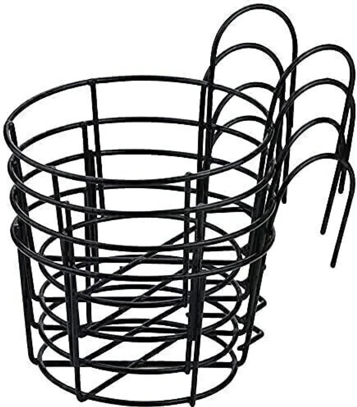 EzzuCrafts Set of 4 Round Metal Hanging Railing Planters,Hanging Railing Planter Flower Pot Holder Basket Iron Art Rack Fence Shelf Container for Balcony,Garden,Indoor and Outdoor Color black Plant Container Set(Pack of 4, Metal)