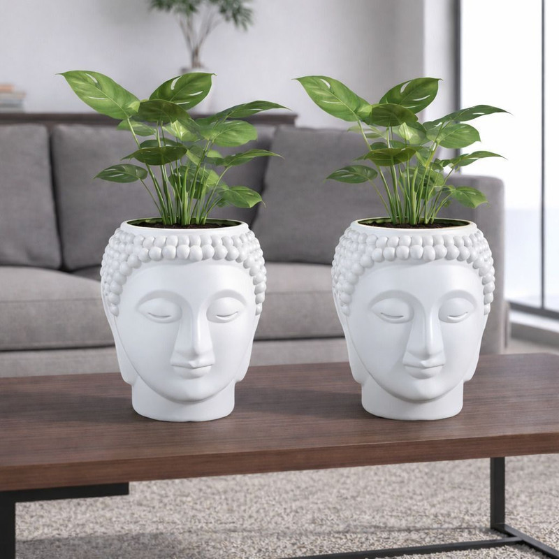 GROW GREEN Grow Green Buddha White Flower Pot – Stylish Indoor & Outdoor Planters Plant Container Set(Pack of 2, Plastic)