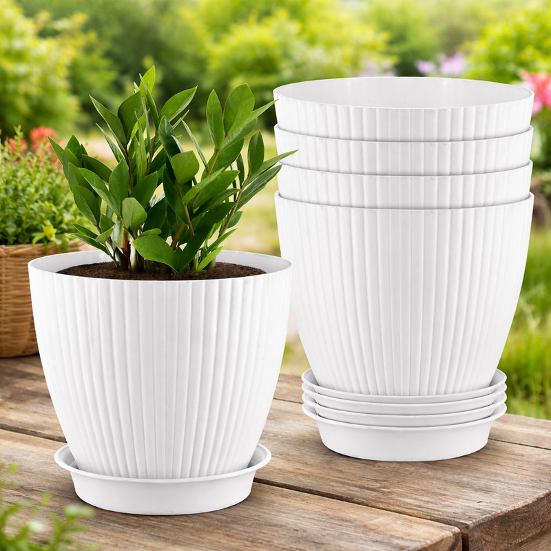 BELLERBIRD Premium Quality Ribbed Designe Flower Pot For Home Decoration With Draning Hall Plastic Vase(6.1 inch, White)
