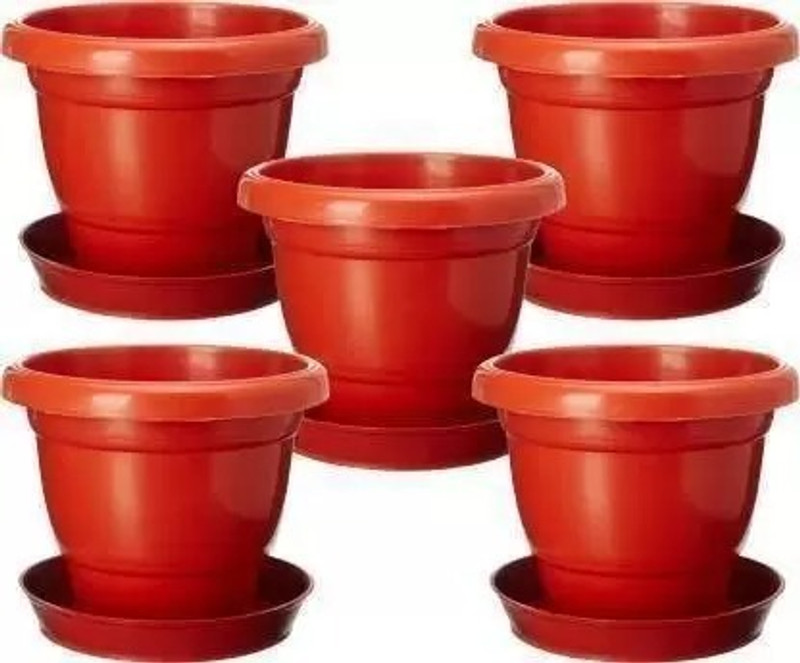Muddstyles Plastic Green Planter Pot With Tray 10 inch Flower Pots for Home Office Garden Plant Container Set(Pack of 5, Plastic)