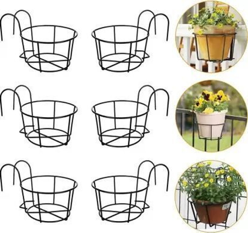 JNCRAFTS Hanging Flower Pot Railing, Balcony, Terrace Basket Black Plant pot set of 6 Plant Container Set(Pack of 6, Metal)