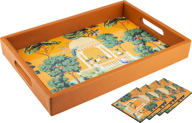 Birch & Co. 1 Wooden Serving Tray + 4 Coasters Set for Decoration | Tea Trays | Coffee Tray Tray