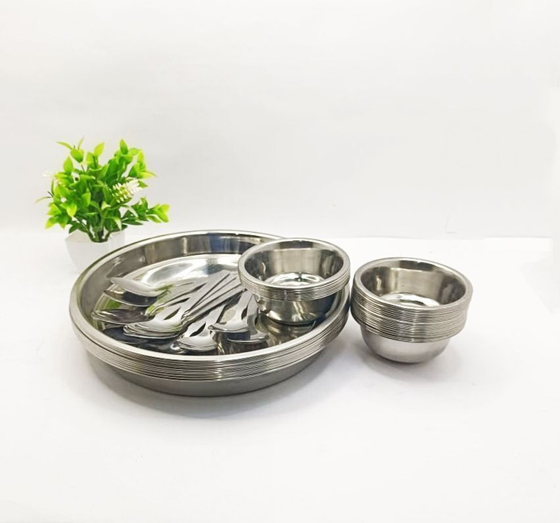 ANUWORD Stainless Steel Dinner Set of 9 Pcs (3 Plate, 3 Bowl/Wati, 3 Spoon), Silver Dinner Plate(Pack of 9, Microwave Safe)