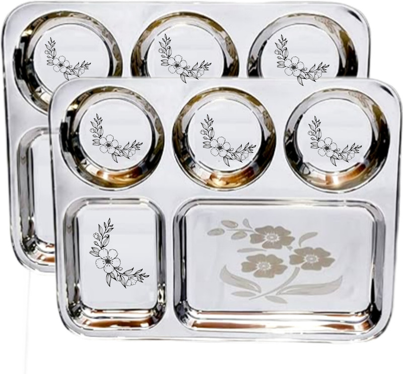 Qality Stainless Steel 5 Compartment Divided Dinner Plate/Partition Thali/ Bhojan Thali Dinner Plate(Pack of 2)