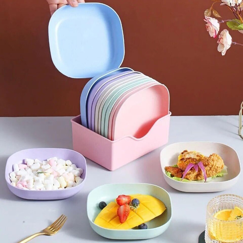 SREEMANTR Square Plastic Plates Set of 10 with Stand Colorful Snack Plates Dinner Plate(Pack of 10)