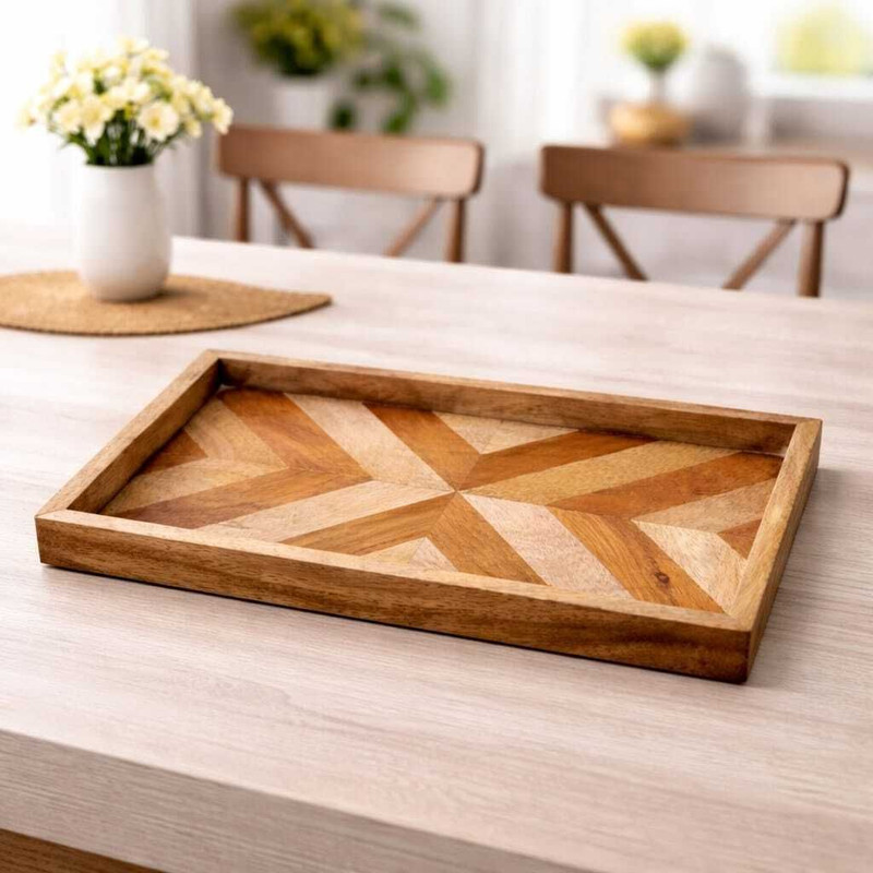 bauzini Artisan Acacia Chevron Rectangular Serving Tray – Rustic Modern 14x9 Tray