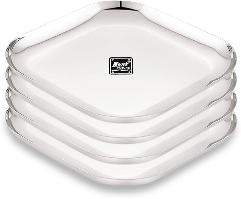Next Future Stainless Steel Classic Designer Thali / Khumcha / Dinner Plate Heavy Gauge 21cm Dinner Plate(Pack of 4, Microwave Safe)