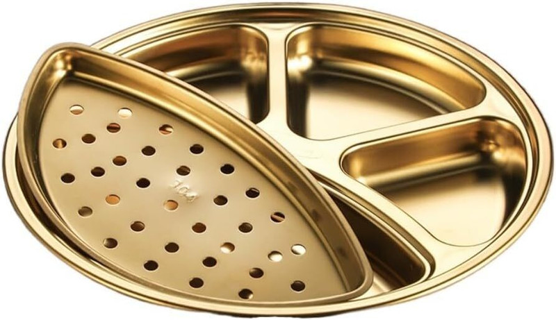 Kruvad Stainless Steel Gold Stainless Steel Hammered 4 Compartment Round Divided Dinner Plate Dinner Set(Gold, Microwave Safe)