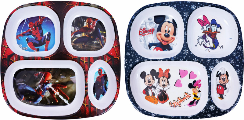 Vishika Store Micky and Spider Cartoon Printed Kids Dinner 4 Section Plate Sectioned Plate(Pack of 2, Microwave Safe)