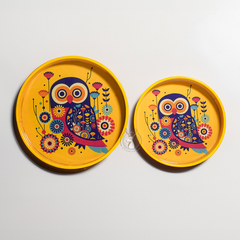 Dreams n Decor MDF Wooden Round Serving Tray|Handcrafted Elephant Bliss|Set of 2 |Enamel Coated Tray(Pack of 2)