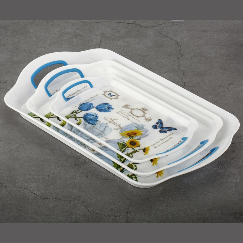 Sorath Plastic Printed Rectangular Serving Tray with Handle for Serving Tea & etc. Tray(Pack of 3, Microwave Safe)