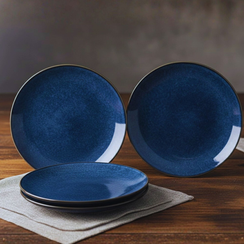 FREAKWAY Elegant Ceramic Round Dinner Plate Set | Set of 4 Midnight Blue Plates Dinner Plate(Pack of 4, Microwave Safe)