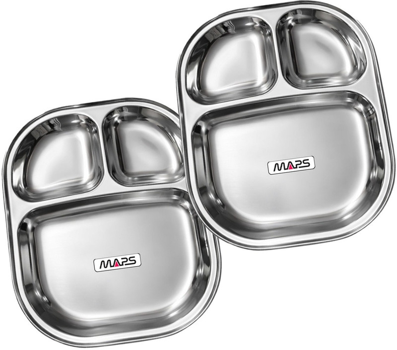 Mapsenterprise Stainless Steel 3 Compartment Dinner Plate Section Plate Thali for kids Dinner Plate(Pack of 2, Microwave Safe)