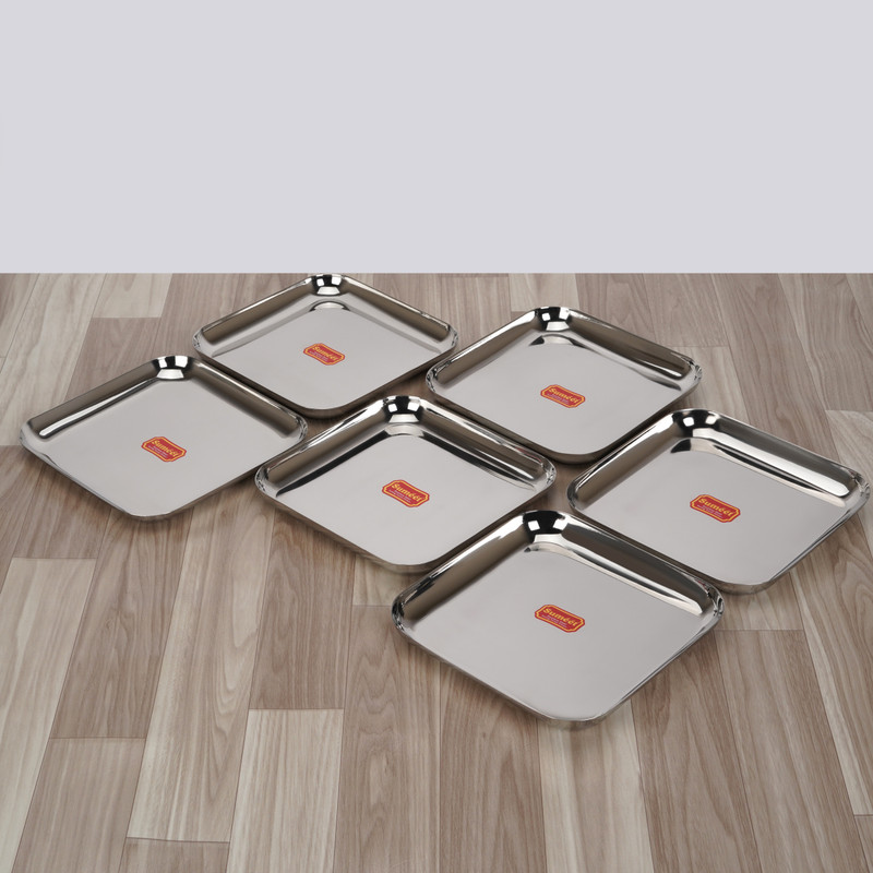 Sumeet Stainless Steel Medium Square Shape Snacks Plate / Breakfast Plate Set-3pcs,20cm Half Plate(Pack of 3)