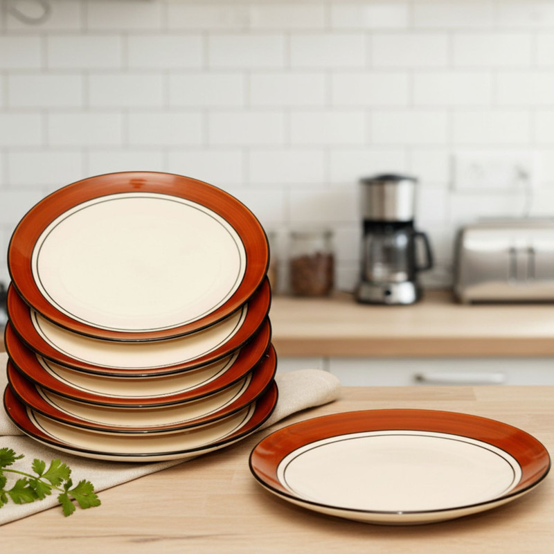 FREAKWAY 'Brown & White Plate Pair' in reddies Handpainted Plates In Ceramic 10 nch, Set of , Dishwasher & Microwave Safe Dinner Plate(Pack of 4, Microwave Safe)