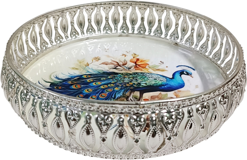 MM OVERSEAS German Silver Plated Peacock Pichwai Tray Tray