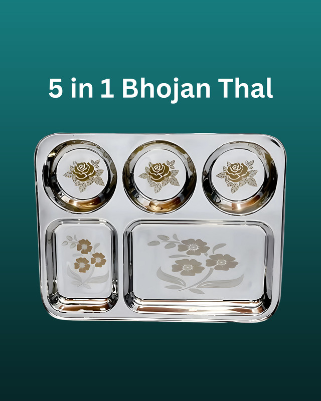 WEKTU Bhaojan Thal/5 in 1 Thal/stainless steel/Laser Print/1PC/212 Dinner Plate(Microwave Safe)