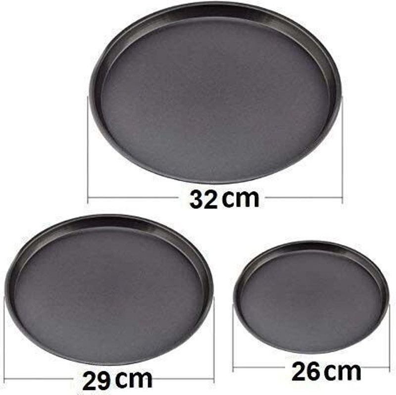 AL ATASH Carbon Steel Pan for Baking in Oven Non Stick Black (26 - 29 - 32 cm) Pizza Tray(Pack of 3, Microwave Safe)