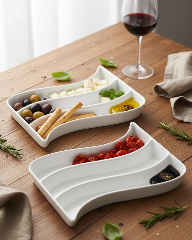 Glowhere White Porcelain Wavy Rectangle Tray Set of 2, Partitioned Oven Safe Platters Tray(Pack of 2, Microwave Safe)