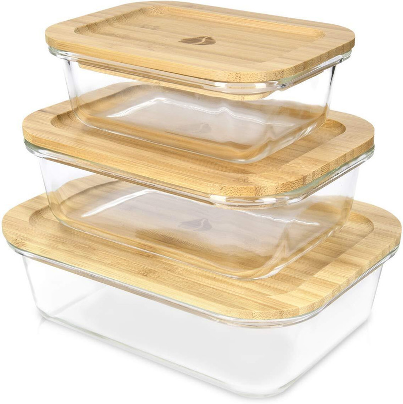GOLDFINCH Glass Food Storage Containers with Air Tight Wooden Lid Set of 3 Baking Dish(Pack of 3, Microwave Safe)