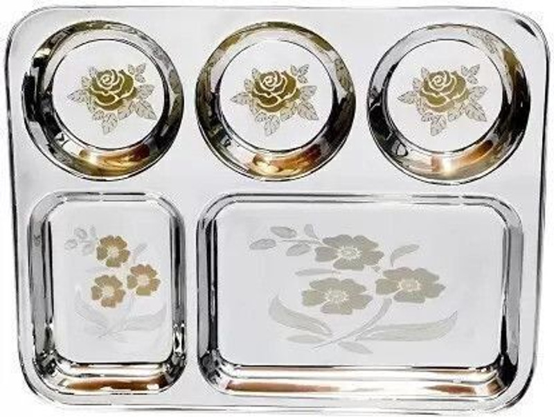 MUKTIDAYA ENTERPRISES Stainless steel heavy duty laser print bhojan thali 5x1 Pack of -1 Sectioned Plate(Microwave Safe)