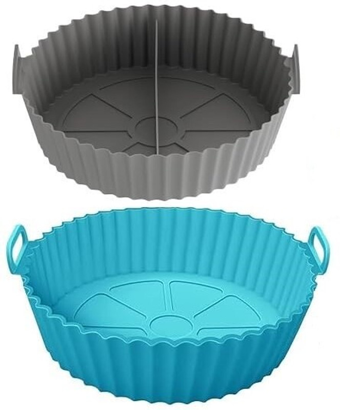 MOJEGA Silicone BakingTray Set of 2(8Inch) Reusable Round Air Fryer Liners with Handles Tray(Pack of 2, Microwave Safe)
