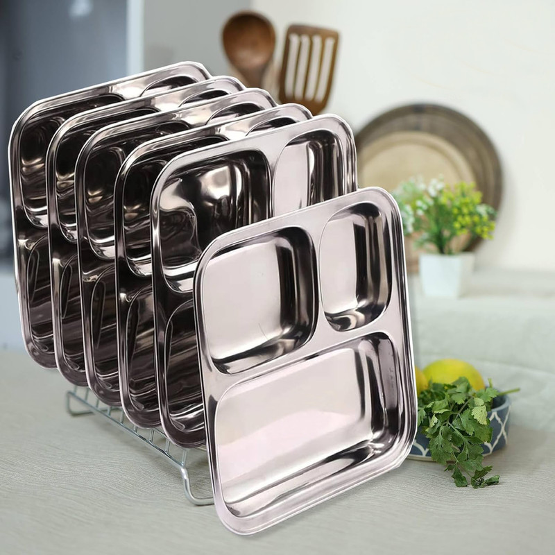 RBGIIT Pav Bhaji Plate for Restaurant Small Stainless Steel 3 in 1 Compartment Plate K1 Sectioned Plate(Pack of 6, Microwave Safe)