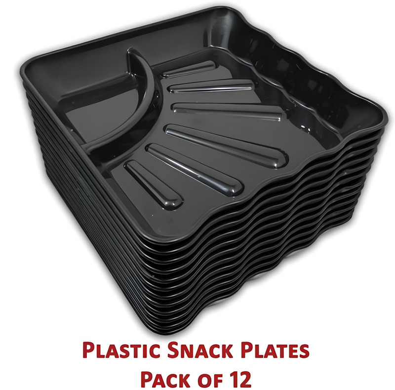 DecoGlass Stylish Plastic Plates Black Color Tray(Pack of 12)