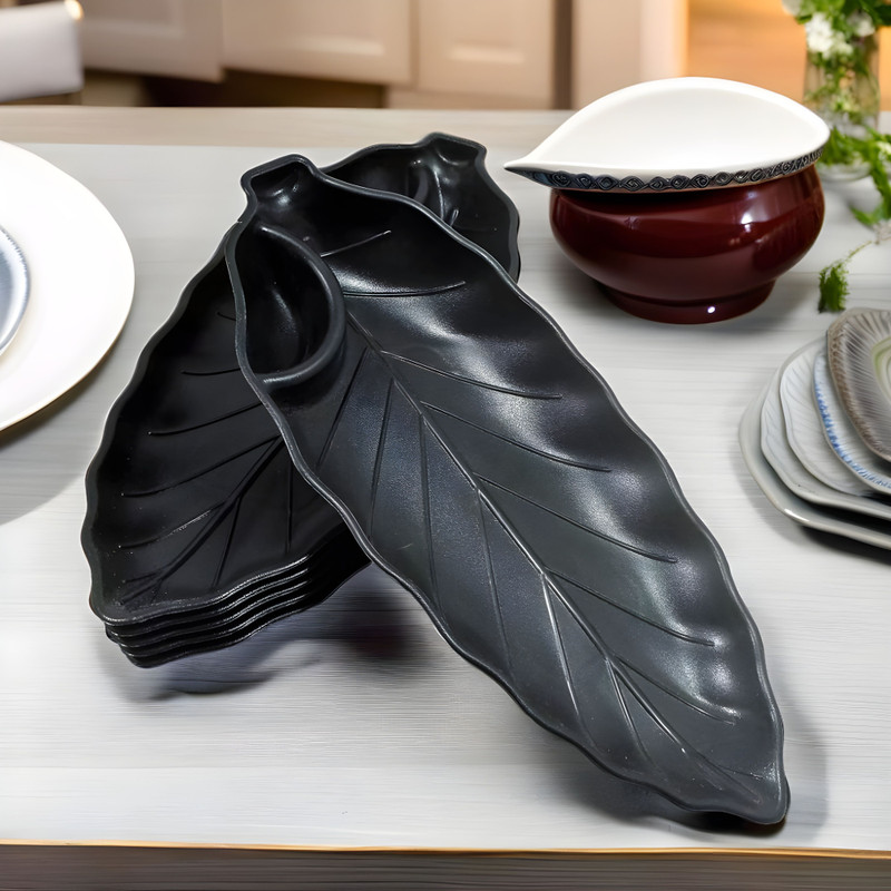 Inpro Leaf Shape Plastic 6 Pc Snacks Platters in Black Color-Perfect For Kitchen Sectioned Plate(Pack of 6)
