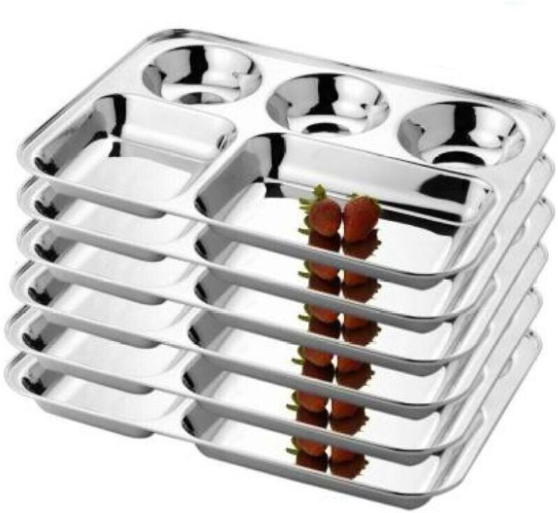 ARNAH TREASURE Pack of 6 Pcs Stainless Steel Bhojan Thali Pav Bhaji Plates Sectioned Plate(Pack of 6)